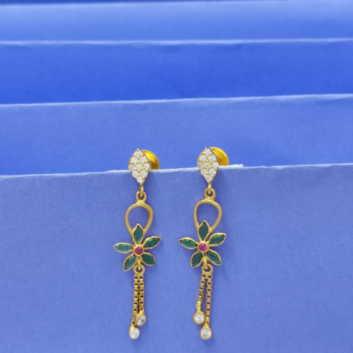 22KT GOLD GREEN FLOWER DROP EARRING FOR WOMEN