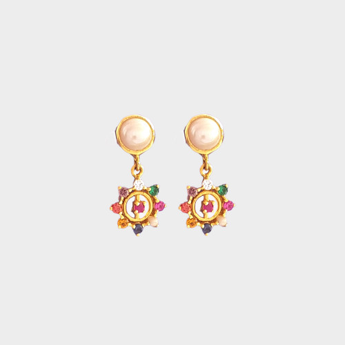 22KT GOLD PEARL AND COLOR STONE EARRING