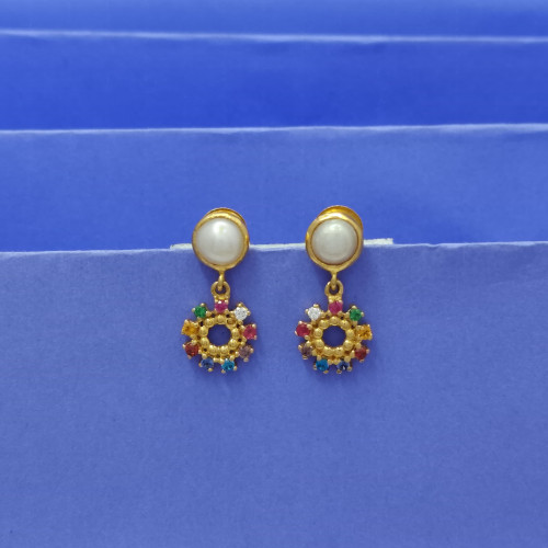 22KT GOLD PEARL AND NAVARATNA ROUND EARRING FOR WOMEN 