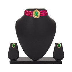 22KT Gold Emerald Green Pendant With Beads Choker And Earring