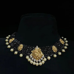22KT Gold Black Crystals Peacock Necklace