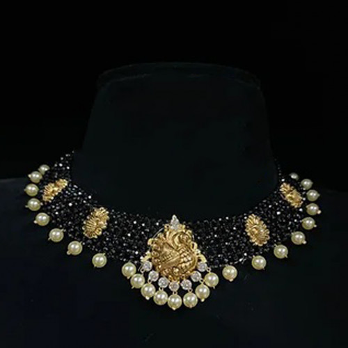 22KT Gold Black Crystals Peacock Necklace
