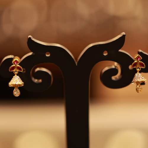 22KT Gold Nayra Bell Drop Earring with Ruby Accents