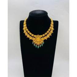 22KT GOLD LAKSHMI DOUBLE LAYER SHORT ANTIQUE NECKLACE WITH BLUE BEADS  22KT GOLD LAKSHMI DOUBLE LAYER SHORT ANTIQUE NECKLACE WITH BLUE BEADS