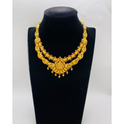 22KT GOLD LAKSHMI DOUBLE LAYER SHORT ANTIQUE NECKLACE WITH GOLD BEADS  22KT GOLD LAKSHMI DOUBLE LAYER SHORT ANTIQUE NECKLACE WITH GOLD BEADS