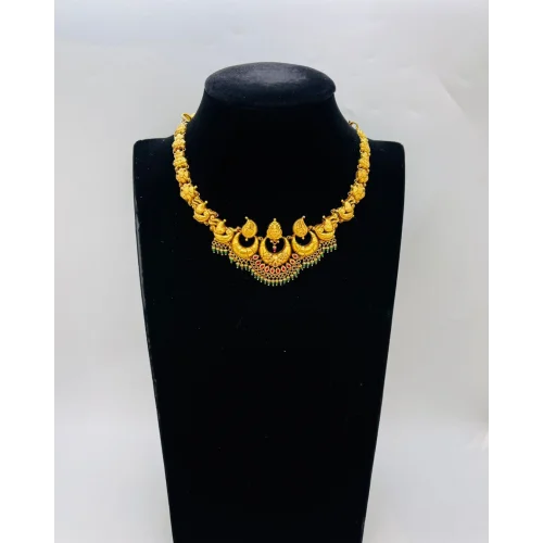 22KT GOLD CRESCENT MOON SHORT ANTIQUE NECKLACE WITH EMERALD AND RUBY DANGLES 22KT GOLD CRESCENT MOON SHORT ANTIQUE NECKLACE WITH EMERALD AND RUBY DANGLES