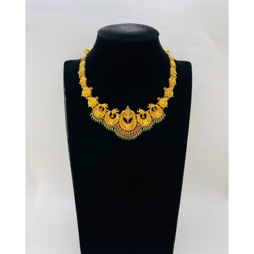 22KT GOLD CRESCENT MOON SHORT ANTIQUE NECKLACE WITH EMERALD AND RUBY DANGLES 22KT GOLD CRESCENT MOON SHORT ANTIQUE NECKLACE WITH EMERALD AND RUBY DANGLES