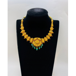 22KT GOLD LAKSHMI PEACOCK  DESIGN SHORT ANTIQUE NECKLACE WITH BLUE BEADS 22KT GOLD LAKSHMI PEACOCK  DESIGN SHORT ANTIQUE NECKLACE WITH BLUE BEADS