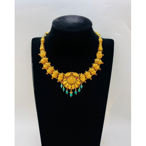 22KT GOLD LAKSHMI PEACOCK  DESIGN SHORT ANTIQUE NECKLACE WITH BLUE BEADS