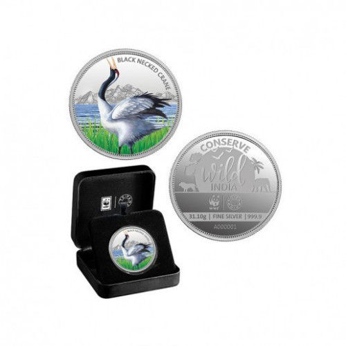 999KT 31.10 GMS WWF INDIA BLACK NECKED CRANE 999.9 SILVER COIN WITH BOX
