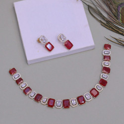 18KT Gold Ruby Stone Necklace And Ear Tops