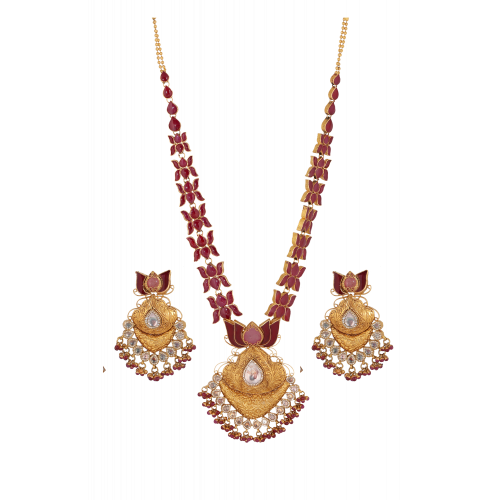 Beautiful Gold Lotus Necklace and Earring Set with Pink Stones and Zircons